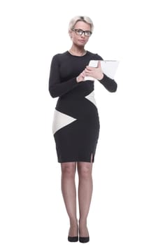 in full growth. attractive business woman with a digital tablet. isolated on a white background.