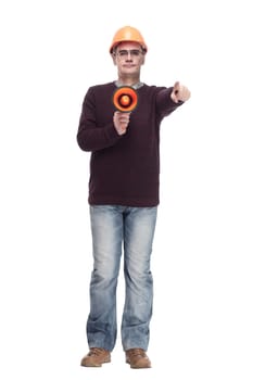 man in a protective helmet with a megaphone. isolated on a white background.
