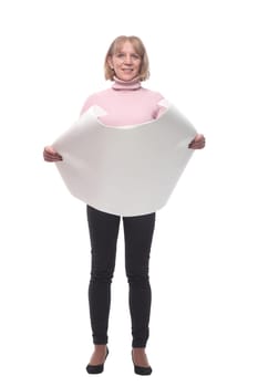 Full length of an attractive woman architect standing isolated over white background, holding house scheme