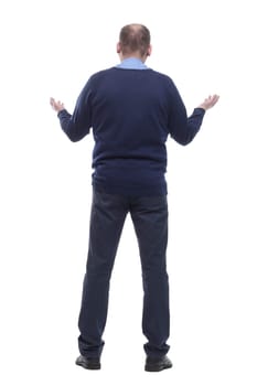 back view. mature man in blue jumper. isolated on a white background.