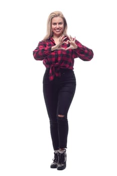 full-length.casual young woman in a red checked shirt and tight pants. isolated on a white background.