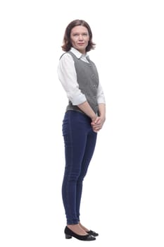 Mature woman in casual clothes looking forward. isolated on a white background.