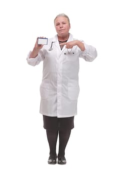 Nurse or medical doctor woman showing business card isolated on white background