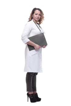 young female doctor with clipboard. isolated on a white background.
