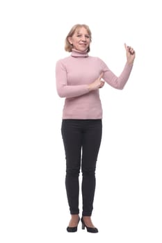 Front view of woman pointed side with a smile isolated on white background