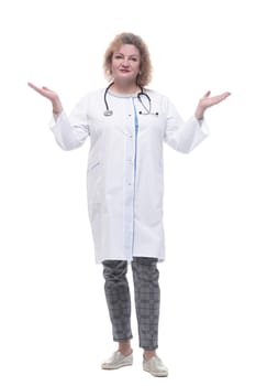 in full growth.serious woman doctor with sanitizer in hand. isolated on a white background.