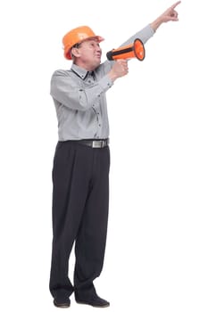 in full growth. an architect making an ad through a megaphone . isolated on a white background.