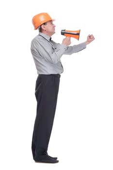 side view. senior architect making an announcement via megaphone . isolated on a white background.