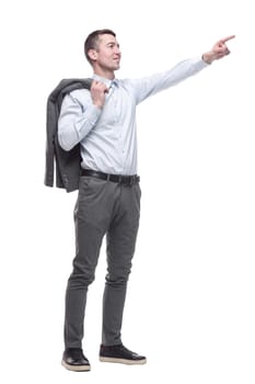 confident business man with a jacket over his shoulder . isolated on a white background.