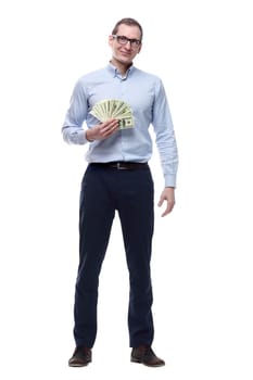 in full growth. happy man with money bills. isolated on a white background