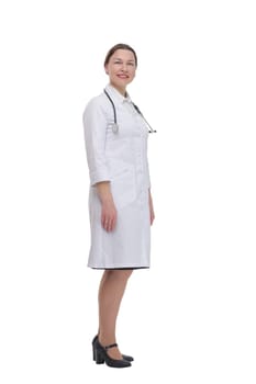 full-length. female doctor with a stethoscope . isolated on a white background.