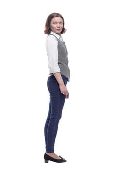 Mature woman in casual clothes looking forward. isolated on a white background.