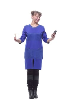 Business woman lawyer professional with smart phone drinking coffee from disposable paper cup