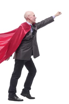 in full growth. business man in a superhero raincoat. isolated on a white background.