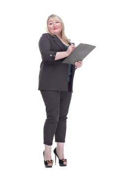 full-length. Mature woman taking notes in the clipboard . isolated on a white background.