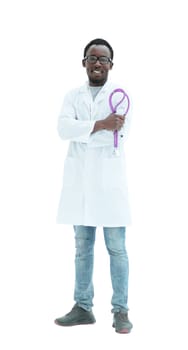 in full growth. smiling doctor looking at the camera. isolated on white