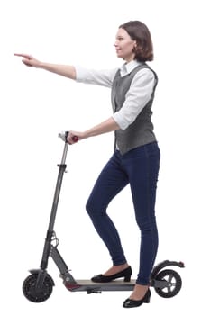 casual mature woman with electric scooter. isolated on a white background.