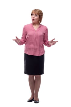 Portrait of surprised senior woman looking at camera, isolated on white background.
