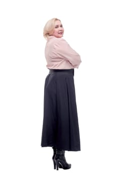 Back view of beautiful blonde woman looking at something wearing pink blouse