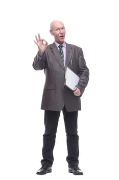 in full growth.Executive business man with clipboard. isolated on a white background.