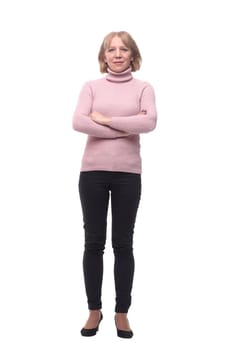 Full length portrait of a happy woman standing isolated over white background and looking at camera