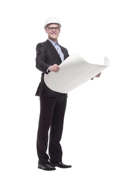 in full growth. young architect with drawings. isolated on a white background.