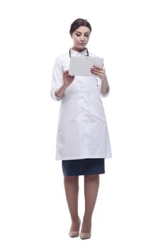 woman doctor with a stethoscope in her hands. isolated on a white background.