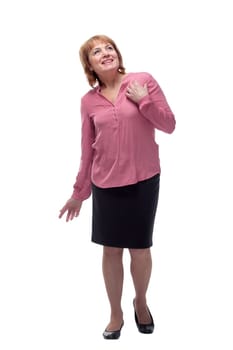 Portrait of a beautiful older woman wearing pink blouse and smiling on white background