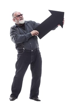 full- length . confident older man pointing the direction . isolated on a white