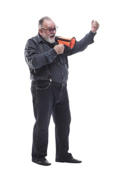 in full growth. an adult bearded man with a megaphone. isolated on a white background