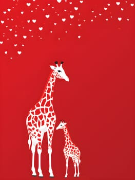 two giraffe with hearts on a red background - mother love concept - AI generative