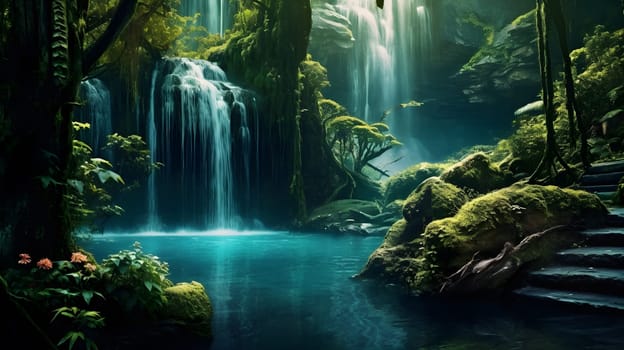 Waterfall in the middle of a jungle, fantasy landscapes, generative AI, AI generated