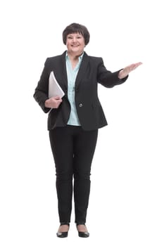 Executive business woman with a digital tablet. isolated on a white background.