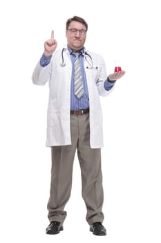 in full growth. General practitioner with a laboratory flask.isolated on a white background.