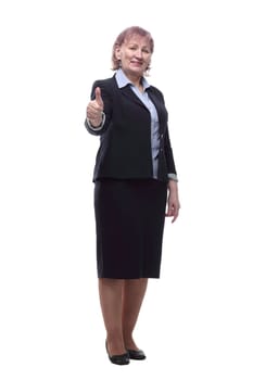 in full growth. a confident business lady pointing at you. isolated on a white