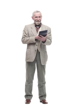 elderly business man with a calculator. isolated on a white background.