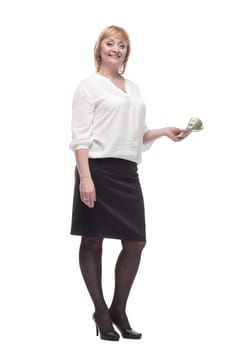 happy business woman with a bundle of banknotes. isolated on a white background.