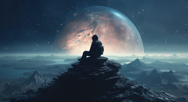 An astronaut sits on top of a mountain and looks into space against the backdrop of the planet in 5k