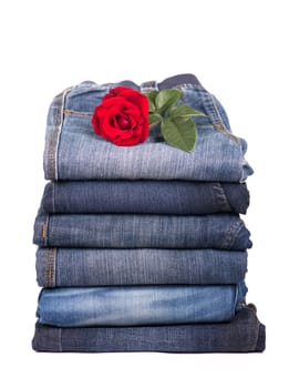 jeans clothes are put by a pile and a red rose on a white background