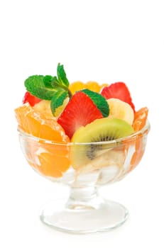 glass bowl with fresh fruits salad isolated on white