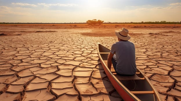 Climate change, The man on wood boat at large drought land.