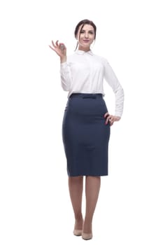 full-length. young business woman with a smartphone . isolated on a white background