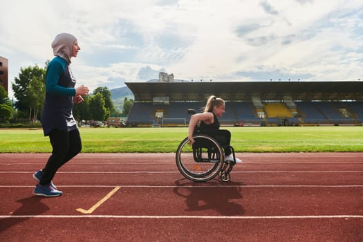 A Muslim woman in a burqa running together with a woman in a wheelchair on the marathon course, preparing for future competitions