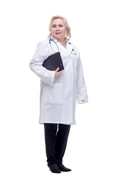 Pretty woman doctor in uniform with clipboard on a white background looking at camera