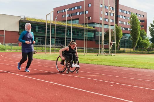 A Muslim woman in a burqa running together with a woman in a wheelchair on the marathon course, preparing for future competitions