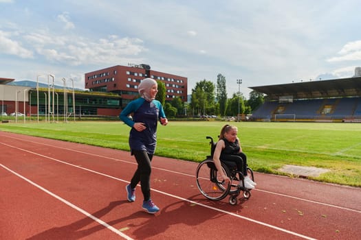 A Muslim woman in a burqa running together with a woman in a wheelchair on the marathon course, preparing for future competitions