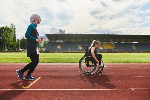 A Muslim woman in a burqa running together with a woman in a wheelchair on the marathon course, preparing for future competitions