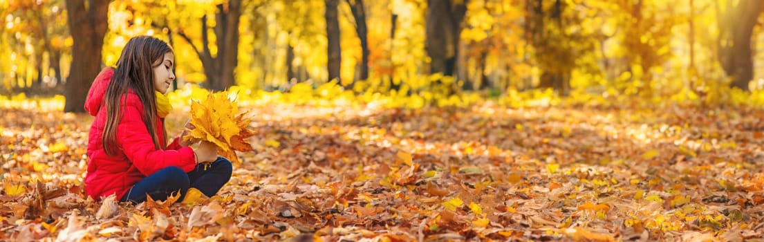 Autumn child in the park with yellow leaves. Selective focus. Kid.