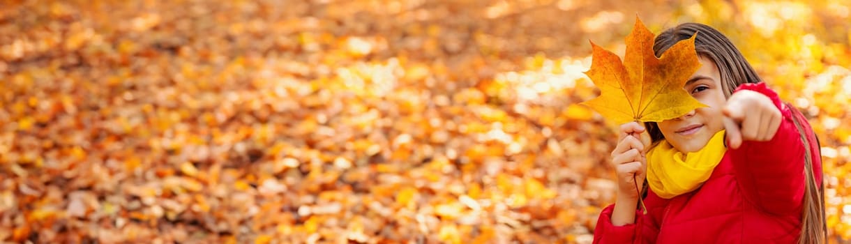 Autumn child in the park with yellow leaves. Selective focus. Kid.