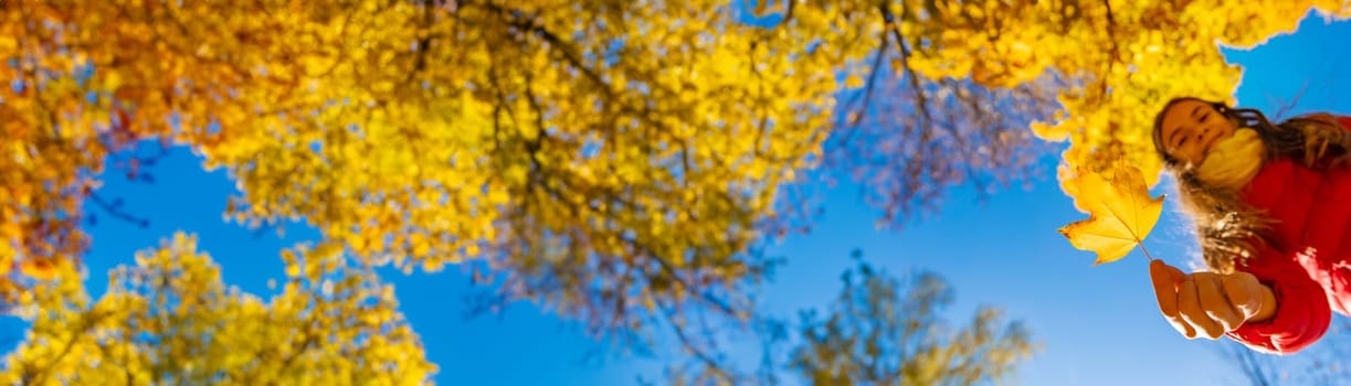 Autumn child in the park with yellow leaves. Selective focus. Kid.